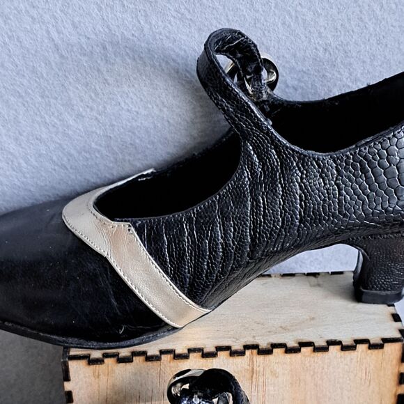 Vintage Handmade Mary Jane Womens 7.5 Black Patent Kitten Heels Rhinestone Retro - Picture 12 of 15